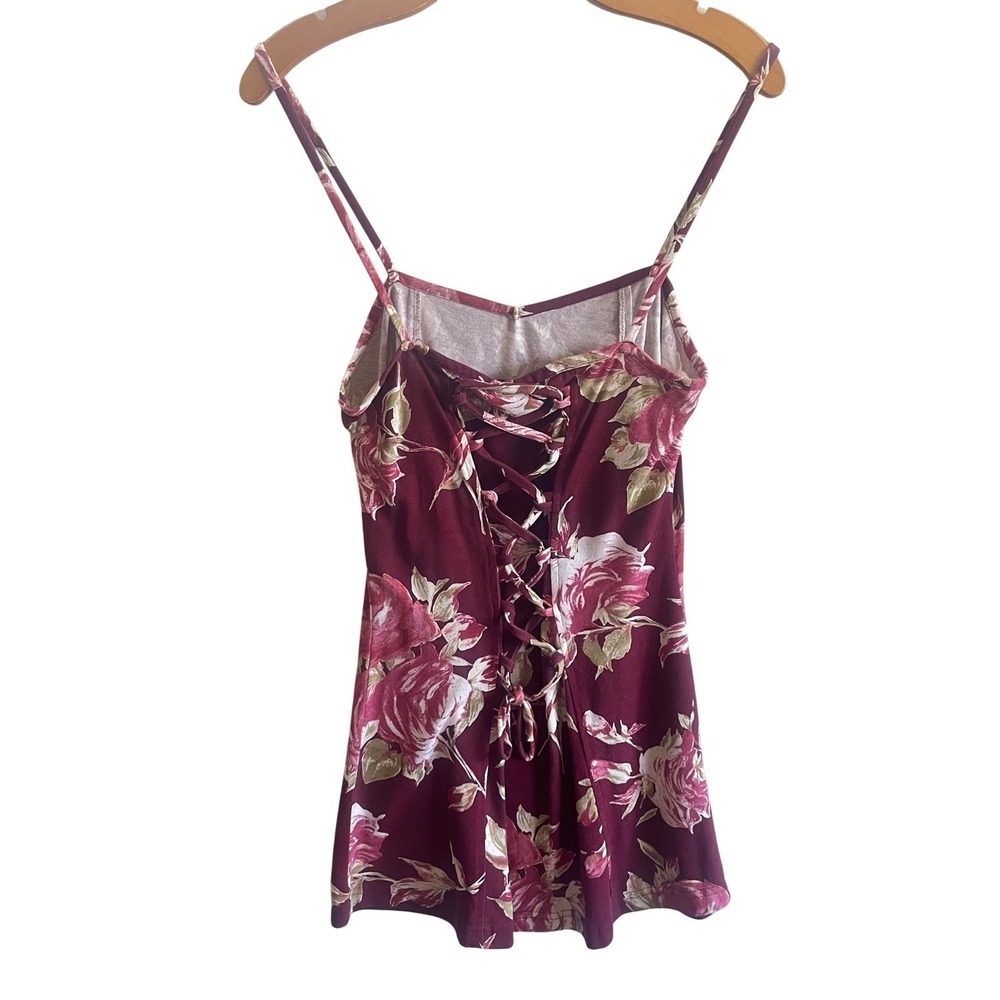 Made In USA w/ Vintage Fabrics Maroon Floral Mini Dress-Corset Lace Up Back-Sz S